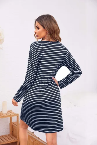 Vista 5 de Ekouaer Camisón Bata de manga larga con botones para mujer, con cuello en V, ropa de dormir, vestido de pijama casual