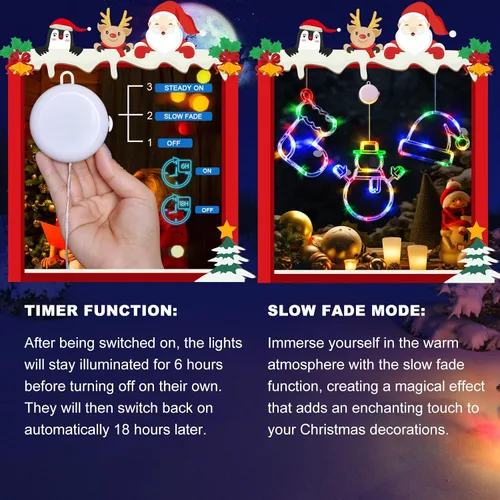 Vista 6 de LOLStar Luces de ventana de Navidad, paquete de 3 medias de Navidad multicolor, muñeco de nieve, luces de sombrero de Papá Noel con ventosa, función