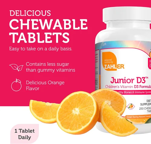 Vista 2 de Zahler Junior D3 Chewable 1000IU, gran sabor Chewable Vitamina D para niños, Vitamina D3 1000 IU para los niños, Certified Kosher, 250 tabletas