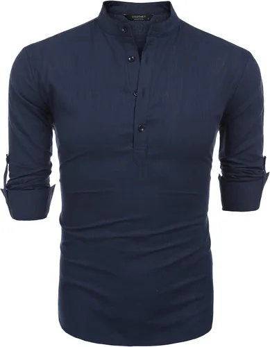 Vista 6 de COOFANDY - Camisa de lino y algodón con cuello Henley, de manga larga, estilo hippie, informal, camisetas de playa