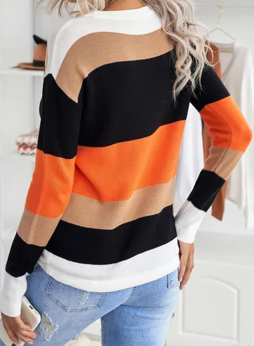 Vista 3 de Dokotoo Suéteres de otoño con cuello redondo, a rayas, lindos suéteres de invierno para mujer, modernos con cordón