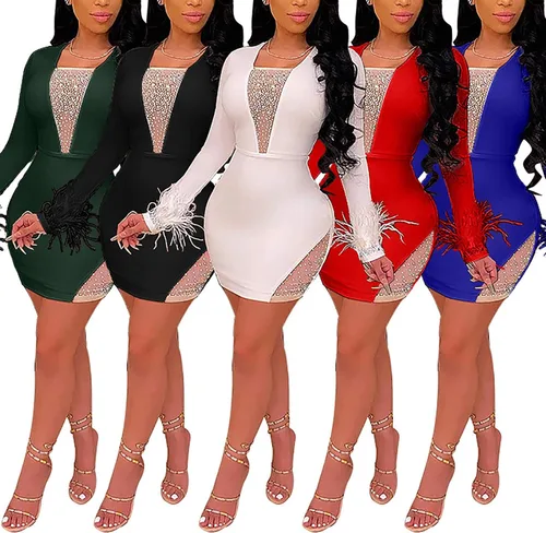 Vista 5 de Trajes de club sexy para mujer, vestido de manga larga de malla transparente para fiesta, club, mini vestido ajustado de plumas transparentes