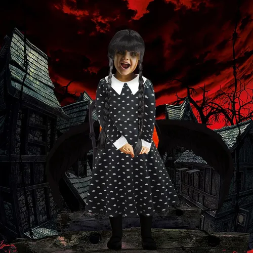 Vista 5 de SEDEX Wednesday Addams - Disfraz familiar para niñas, vestido negro de Halloween, traje de cosplay para niños, adolescentes, disfraz con accesorios