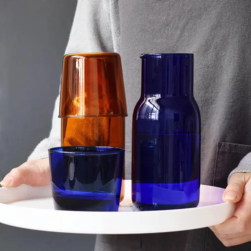 Vista 4 de Juego de jarras de agua de vidrio para mesita de noche con taza, jarra de vidrio con tapa para enjuague bucal para dormitorio, baño, jugo, vino