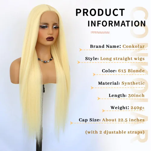 Vista 2 de Peluca rubia sintética con encaje frontal, predepilada 613, peluca de cabello largo para mujer, peluca sedosa y recta con parte media sin pegamento