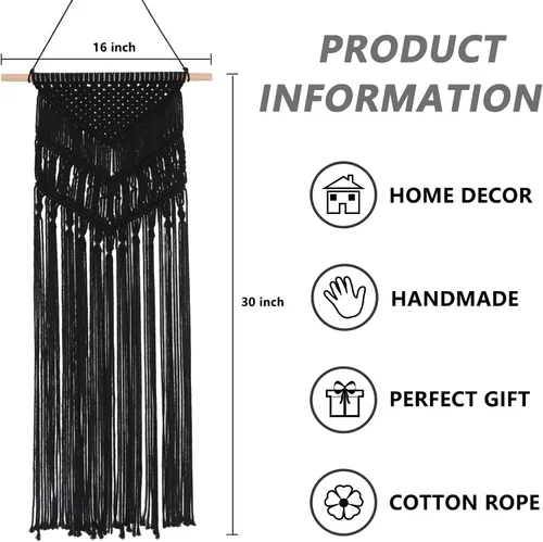 Vista 2 de RLoncomix Tapiz tejido de macramé para colgar en la pared, bohemio, elegante, geométrico, decoración del hogar, frontón de pared, negro, 16 x 30