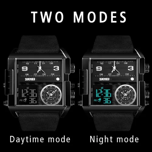 Vista 3 de SKMEI Relojes cuadrados para hombre, retroiluminación LED, pantalla grande, zona multihoraria, impermeable, analógico, reloj deportivo digital