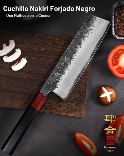 Vista 3 de kanngou Cuchillo Nakiri de chef japonés de 7 pulgadas, cuchillo de chef japonés AUS-8 de acero aleado vegetal con sándalo rojo y mango de madera