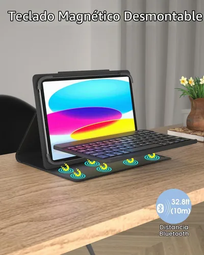 Vista 5 de Funda universal para tablet con teclado de 9, 9.7, 10.1, 10.2, 10.4, 10.5, 10.9, 11 pulgadas, con teclado Bluetooth retroiluminado de 7