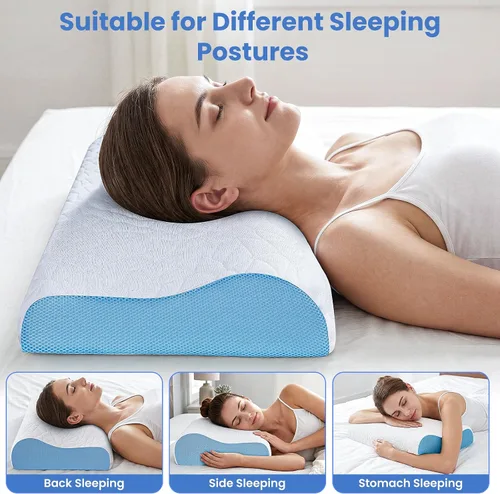 Vista 6 de A-Pce Almohada cervical para el cuello, almohada de espuma viscoelástica Azul y blanco