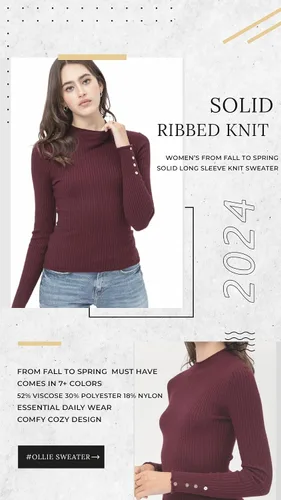 Vista 5 de OLLIE ARNES Suéter de punto de manga larga sólido para mujer, cuello redondo, puños y botones, elástico, 39_Cherrystone