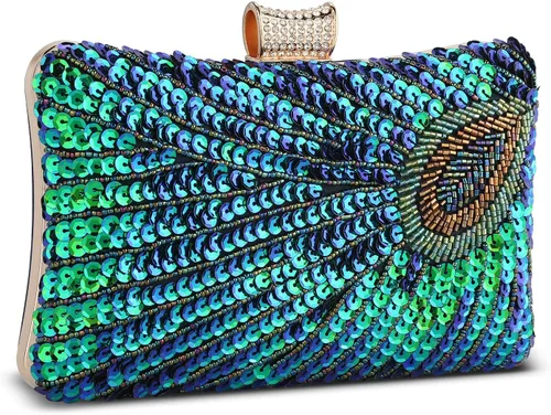 Vista 8 de UBORSE Bolsos de embrague de noche de pavo real con lentejuelas con cuentas Bolso de noche vintage Bolso de boda de fiesta de 1920