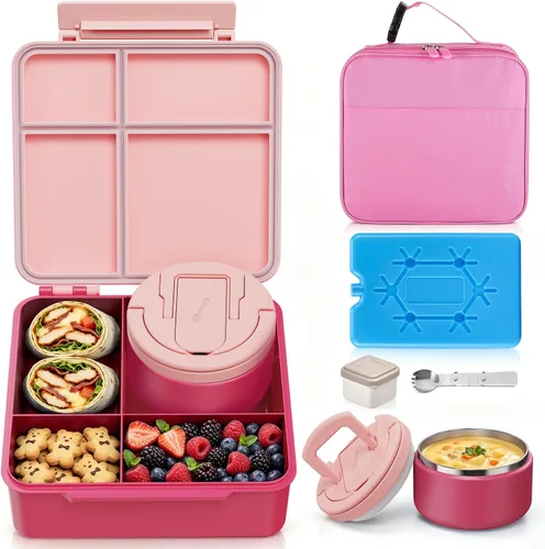 Vista 10 de MAXSO Set de Lonchera Bento con Termo para Sopa de 8 oz, Envase para Alimentos Calientes con 4 Compartimentos a Prueba de Fugas para Niños con Taza