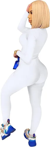 Vista 3 de ECHOINE Enterizos sexys para mujeres de manga larga, cuello en V, cremallera, casuales, de una pieza, rompers bodycon, conjuntos ajustados