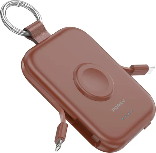 Vista 18 de RORRY Cargador portátil, batería externa portátil de 5000 mAh con cables integrados, paquete de batería en llavero de viaje para Apple Watch Negro