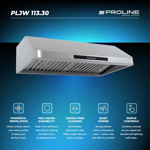 Vista 6 de PROLINE - Campana extractora para debajo del gabinete de 30 pulgadas, con canalización, 900 CFM, acero inoxidable, luces LED, motor soplador ultra
