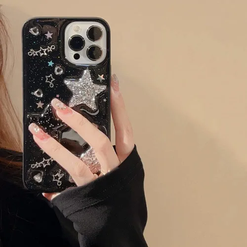 Vista 4 de Funda para iPhone 11 con diseño de estrellas 3D con corazones brillantes y diamantes con purpurina Y2K Spark de lujo, diseño femenino estético