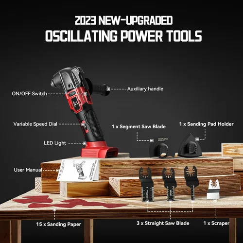 Vista 4 de Cerycose Herramienta oscilante inalámbrica compatible con batería Milwaukee de 18 V, 21000 OPM Max sin escobillas con mango auxiliar, Rojo