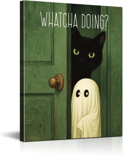 Vista 9 de Divertido arte de pared de baño con fantasma, gato y fantasma, bonita decoración de pared de baño de Halloween, divertida obra de arte de gato