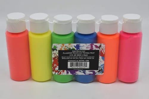 Vista 4 de DirectGlow - Pintura fluorescente reactiva para fiestas de témpera ultravioleta (surtido de 6 colores, botellas de 2 onzas)