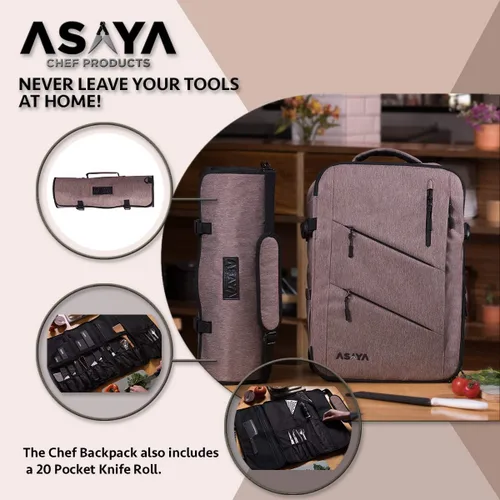 Vista 4 de Asaya Mochila para cuchillos de chef con bolsa enrollable de 20 bolsillos, más de 30 bolsillos para cuchillos, cuchillos no incluidos (marrón)