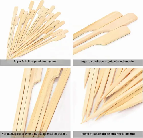 Vista 2 de Brochetas de bambú de 9 cm 100 piezas, palillos de dientes anchos y planos de madera de bambú para cóctel, malvaviscos, frutas, parrilla, bebidas