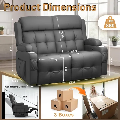Vista 109 de Sofá de Dos Plazas Reclinable, Sofá Reclinable de Masaje con Gran Capacidad de Peso, Silla de Dos Plazas para RV en Liquidación con Consola, USB