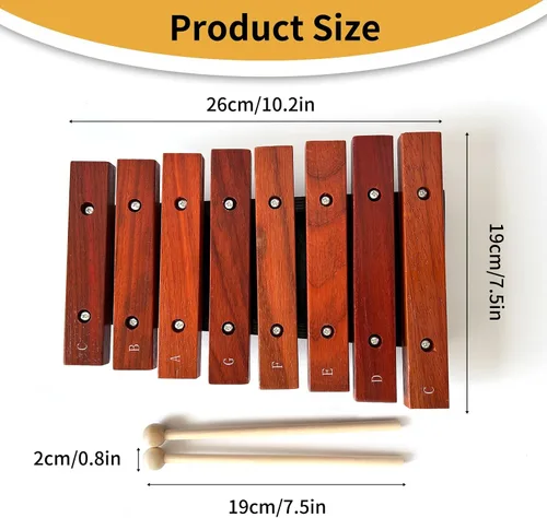Vista 2 de Xilófono de madera de 8 notas con 2 mazos de madera, Glockenspiel de madera, regalo de cumpleaños, herramientas musicales, perfecto