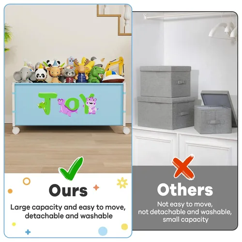 Vista 4 de JBBTOOL Caja de juguetes grande, organizador de almacenamiento de juguetes para niños, baúl de juguetes para niños pequeños con ruedas de 360°, caja
