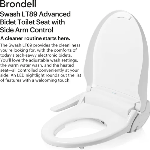 Vista 3 de Brondell LT89 Asiento de inodoro eléctrico para bidé, se adapta a inodoros redondos, color blanco, control de brazo lateral, lavado con agua tibia