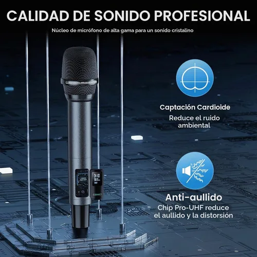 Vista 4 de TONOR Micrófonos inalámbricos Bluetooth, sistema de micrófono inalámbrico UHF recargable para fiestas en casa, doble mano de metal de 260 pies