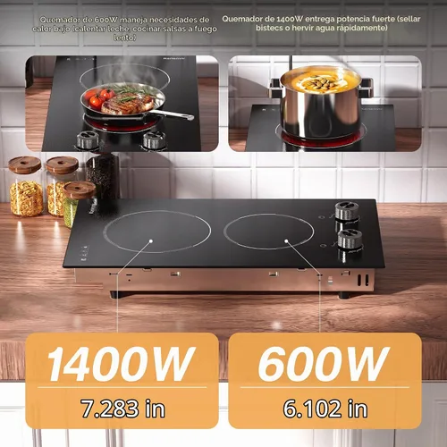 Vista 3 de Placa de cocina eléctrica de 2 quemadores, enchufe de estufa eléctrica de 110 V, placa de cocina eléctrica de 2000 W con controles de perilla