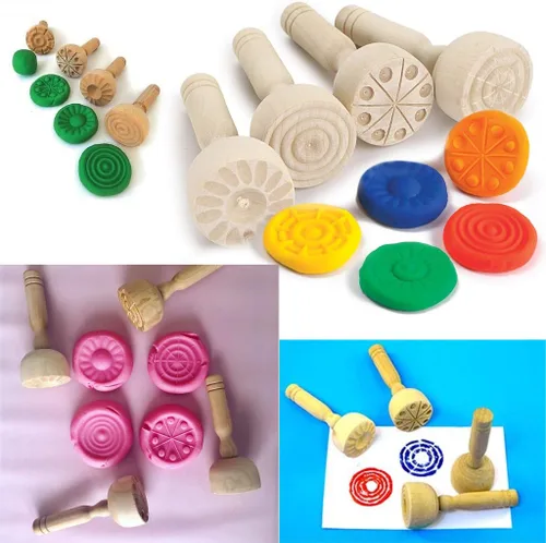 Vista 7 de OwnMy Juego de sellos de arcilla de madera, sellos de mango de masa de juego de madera, herramientas de cerámica con mango de madera, juego de 4