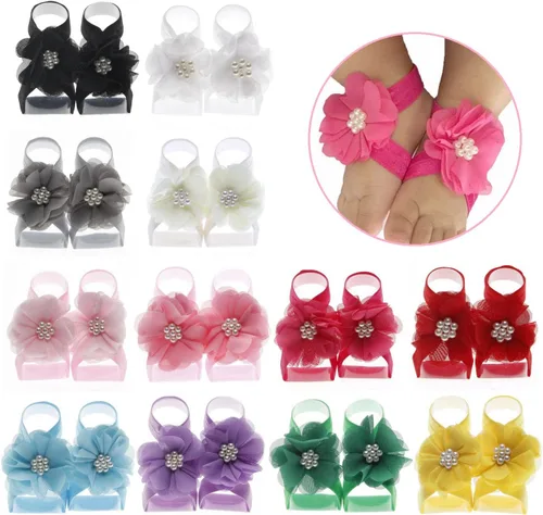 Vista 2 de Nishine 12 pares de sandalias descalzas de gasa sólida para niñas recién nacidas con cuentas de flores para regalo infantil