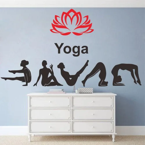 Vista 6 de Adhesivo de pared para estudio de yoga, calcomanía de PVC extraíble con patrones de loto e hinduismo, regalo único para los amantes del yoga, ideal