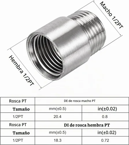 Vista 3 de Brazo de extensión de cabezal de ducha, 1.2 pulgadas, 1/2PT macho a 1/2PT hembra rosca 304, acoplador de montaje de tubería de acero inoxidable 304