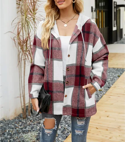 Vista 4 de Ainangua Chaqueta casual con capucha para mujer de gran tamaño de franela a cuadros mezcla de lana con botones color rojo talla L Rojo
