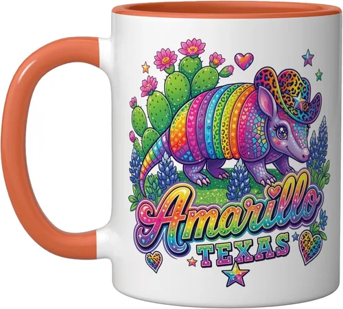 Vista 6 de Amarillo Texas Rainbow Armadillo Cowboy 80s Retro Souvenir Ceramic Mug, Black/White