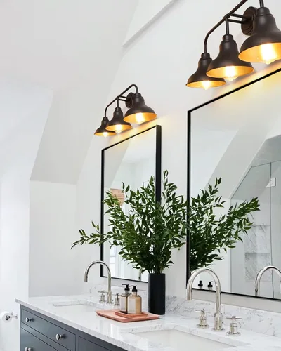 Vista 4 de Lámparas de tocador de baño de granja de 25 pulgadas, lámparas de baño de 3 luces sobre espejo, apliques rústicos de pared con pantalla de metal
