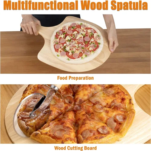 Vista 3 de SHINESTAR Pala de pizza de 12 pulgadas, paleta de madera para pizza casera, tabla de cortar natural y tabla de queso, tabla de cortar con cortador