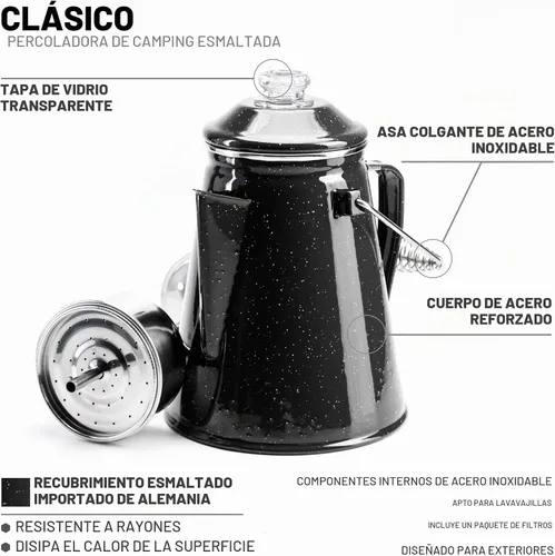 Vista 3 de COLETTI Cafetera Percolator clásica: la cafetera de camping más nostálgica, ahora modernizada [esmalte negro, 12 tazas]