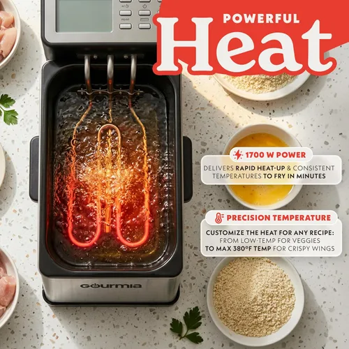 Vista 4 de Gourmia Freidora de encimera de 3.2 cuartos de galón: freidora de aceite eléctrica con pantalla digital, control de temperatura ajustable de 280 °F