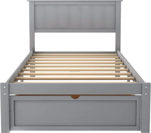 Vista 4 de P PURLOVE Base de cama de tamaño individual con cajón de almacenamiento, marco de cama de plataforma de madera con cabecera y listones para niños