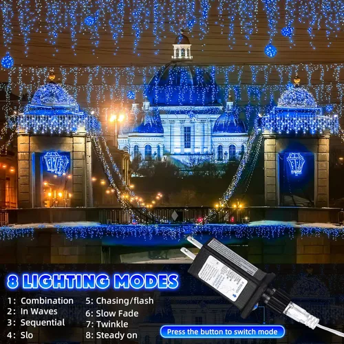 Vista 3 de Aurelema 640 luces LED de Navidad para exteriores, extra largas, 8 modos, impermeables, con 120 gotas, guirnalda de luces colgantes con control