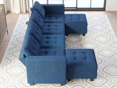 Vista 5 de Belffin Sofá modular modular en forma de U de almacenamiento reversible con tumbonas dobles, juego de sofá modular con tela otomana, color azul