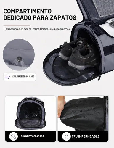Vista 3 de MIER Mochila grande tipo duffel para deporte y gimnasio con compartimento para zapatos, resistente y resistente al agua, Gris, 90 l, Classic