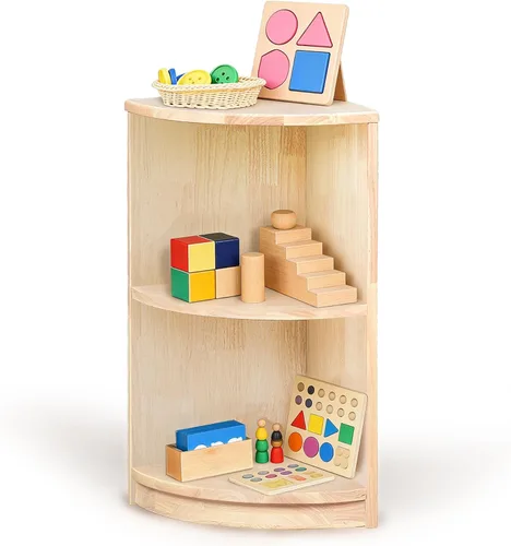 Vista 12 de Estante de almacenamiento Montessori curvado de 3 niveles - Organizador infantil para juguetes, libros y suministros de arte, muebles de gabinete