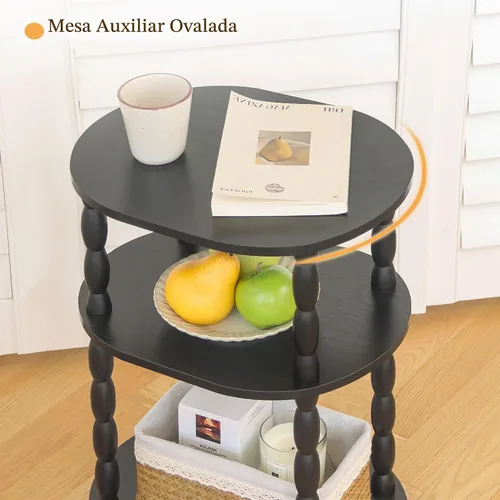 Vista 6 de MaxSmeo Mesa auxiliar negra, mesa auxiliar ovalada pequeña de 3 niveles, mesita de noche moderna, mesa decorativa de madera para sala de estar