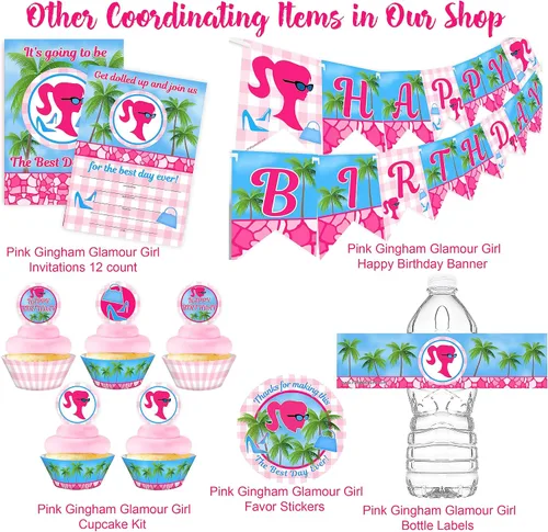 Vista 2 de Pink Gingham Glamour Girl Party - 20 etiquetas para botellas de agua