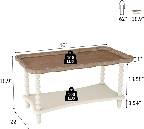 Vista 2 de Function Home - Mesa de centro de granja, mesa rústica blanca de estilo francés con estante de almacenamiento, mesas de centro de madera para sala